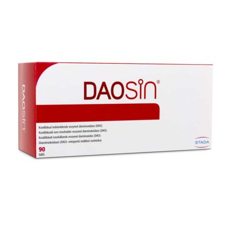 Vit och röd ask med kosttillskott. Daosin 90 tabletter som innehåller DAO enzymet diaminoxidas som bryter ned histamin i kosten. DAO enzym kan användas vid histaminintolerans.