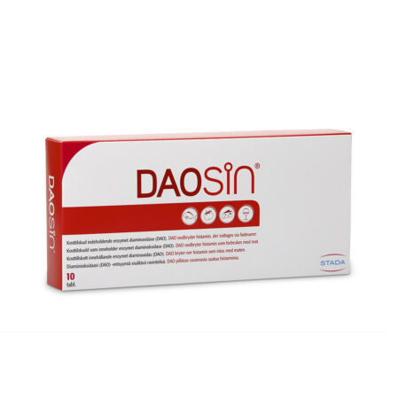 En vit och röd ask med kosttillskott. Daosin 10 tabletter som innehåller enzymet diaminoxidas (DAO) som bryter ned histamin som finns i kosten och som bildas i kroppen.
