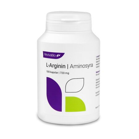 Vit burk med kosttillskott. L-Arginin 100 kapslar med aminosyran L-Arginin för hjärta och kärl.