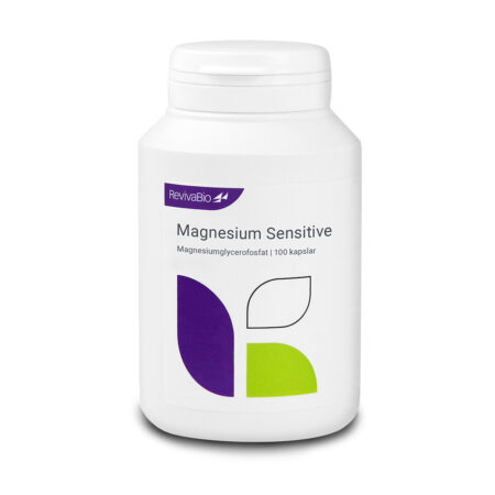 Magnesium Sensitive 100 kapslar med magnesiumglycerofosfat. En lättupptaglig form av magnesium som är skonsam för en känslig mage. Produktbild.