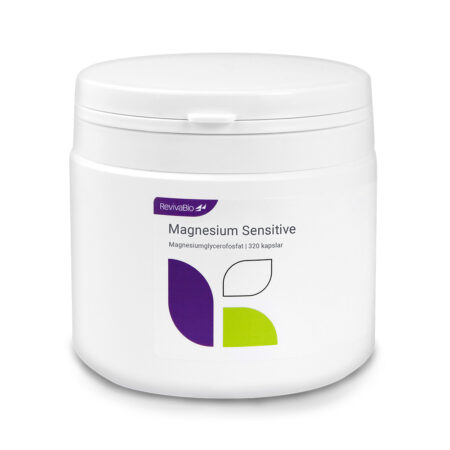 Stor förpackning av Magnesium Sensitive med 320 kapslar. Magnesiumglycerofosfat är en lättupptaglig form av magnesium som är skonsam för magen. Ger inte lös mage. Produktbild.