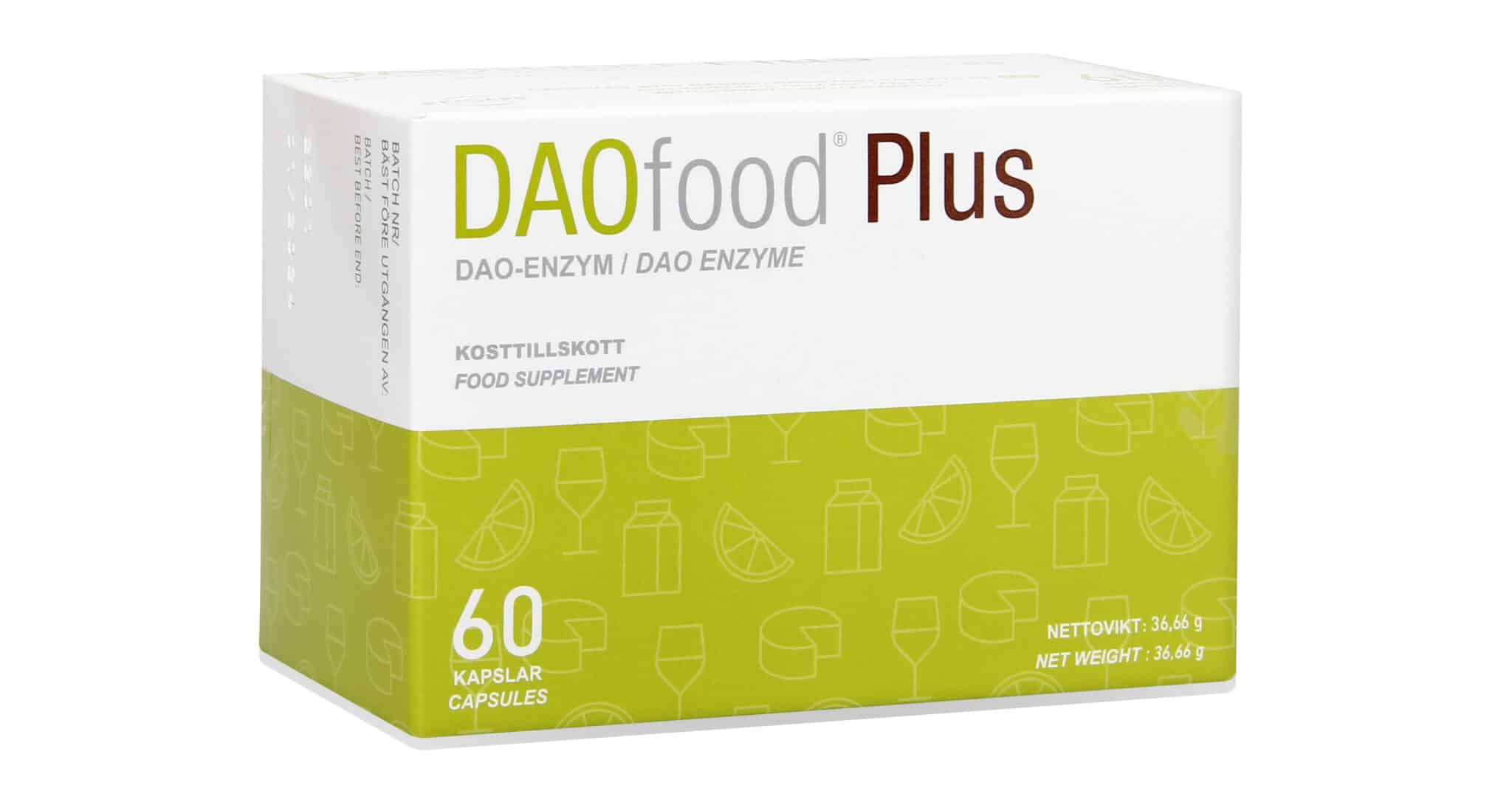 DAOfood Plus som innehåller DAO-enzym, quercetin samt C-vitamin.