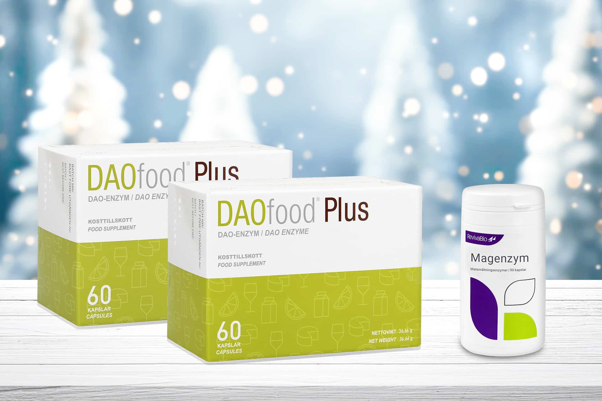 Köp två DAOfood Plus som innehåller DAO-enzym, quercetin samt C-vitamin och få en Magenzym 90 kapslar i gåva.