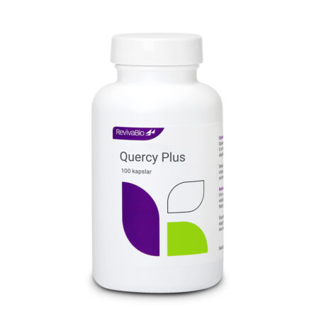 Vit burk med kosttillskott. Quercy Plus 100 kapslar. Produkten innehåller quercetin som är en kraftfull flavonoid från växtriket. I Quercy Plus finns även pH-buffrad C-vitamin, vitamin B6 och zink. Quercetin ingår i olika studier om antioxidanter och immunsystemet.